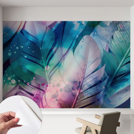 Papier peint autocollant décoratif à motifs pour salon chambre et bureau Tapete adhésif pour décoration Plumes colorées 152x104 cm