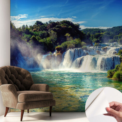 Papier peint autocollant Mural avec colle pour salon et chambre Décoration murale rapide Cascade dans le paysage 250x250 cm
