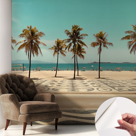Papier peint autocollant Mural avec colle pour salon et chambre Décoration murale rapide Palmiers et plage 250x250 cm