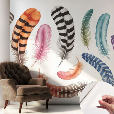 Papier peint autocollant Mural avec colle pour salon et chambre Décoration murale rapide Plumes pastel 250x250 cm