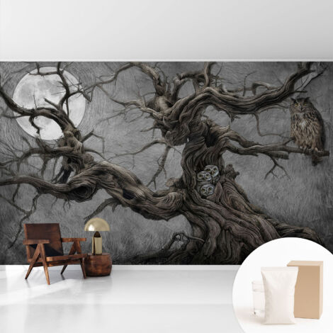 Papier peint avec colle pour décoration moderne de salon chambre à coucher cuisine et bureau Facile Hibou mystérieux 416x254 cm
