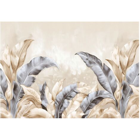 Papier peint avec des feuilles bleu beige sur fond béton, décoration murale pour salle à manger et salon – 350 x 250 cm papier peint intissé Wallarena