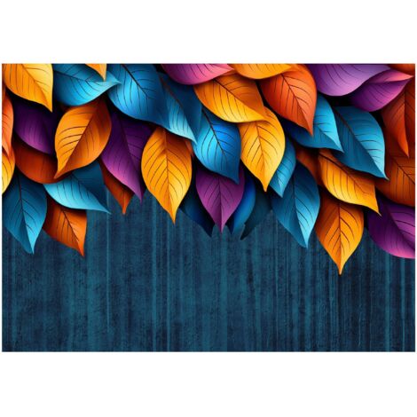 Papier peint avec des feuilles colorées sur du béton, décoration murale – 200 x 140 cm Wallarena
