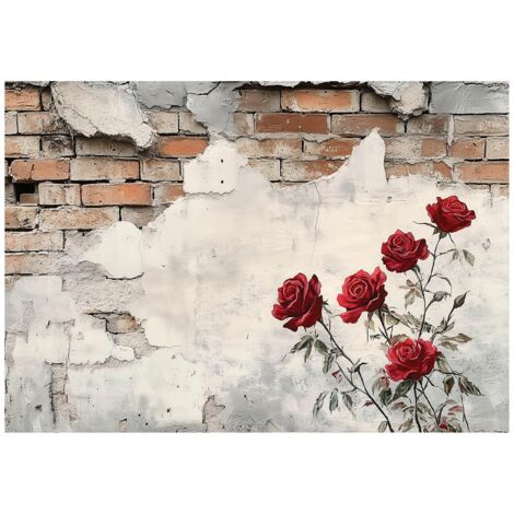 Papier peint avec motif de mur en briques et fleurs, intissé, décoration de salon – 350 x 250 cm Wallarena