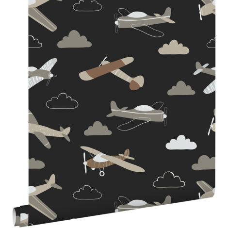 papier peint avions noir et marron - ESTAhome
