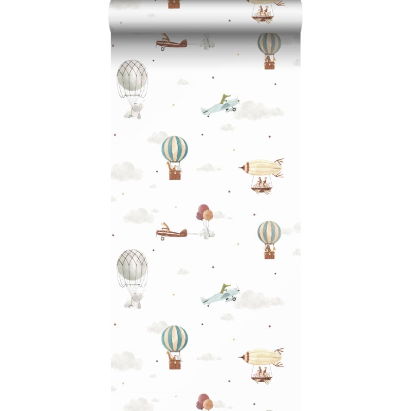 Papier peint ballons à air chaud bleu, beige et blanc Sanders&sanders