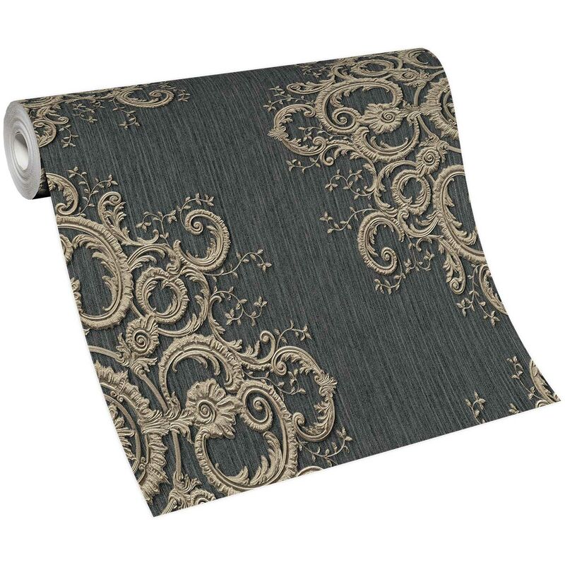 Papier peint baroque anthracite & doré salon élégant | Tapisserie baroque élégante couloir | Papier peint intissé damassé couloir