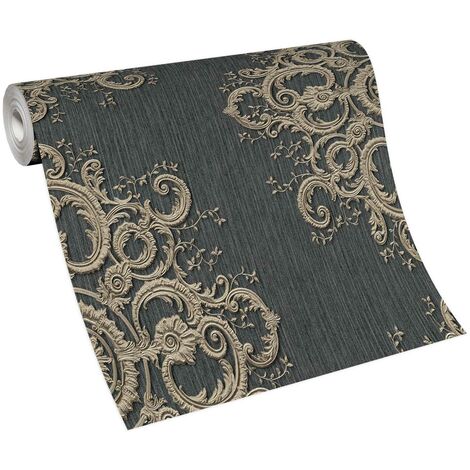 Papier peint baroque anthracite & doré salon élégant | Tapisserie baroque élégante couloir | Papier peint intissé damassé couloir