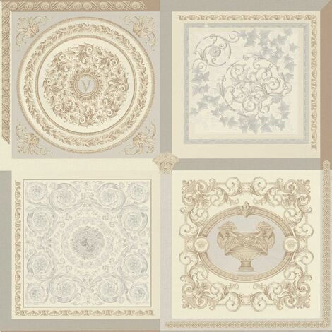 Papier peint baroque beige et gris Tapisserie effet carreaux en mosaïque Papier peint luxe ornements idéal pour chambre