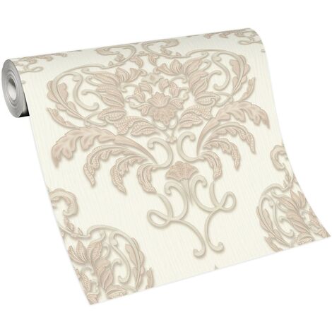 Papier peint baroque beige motifs larges | Tapisserie salon baroque chic | Papier peint intissé damassé salon & chambre