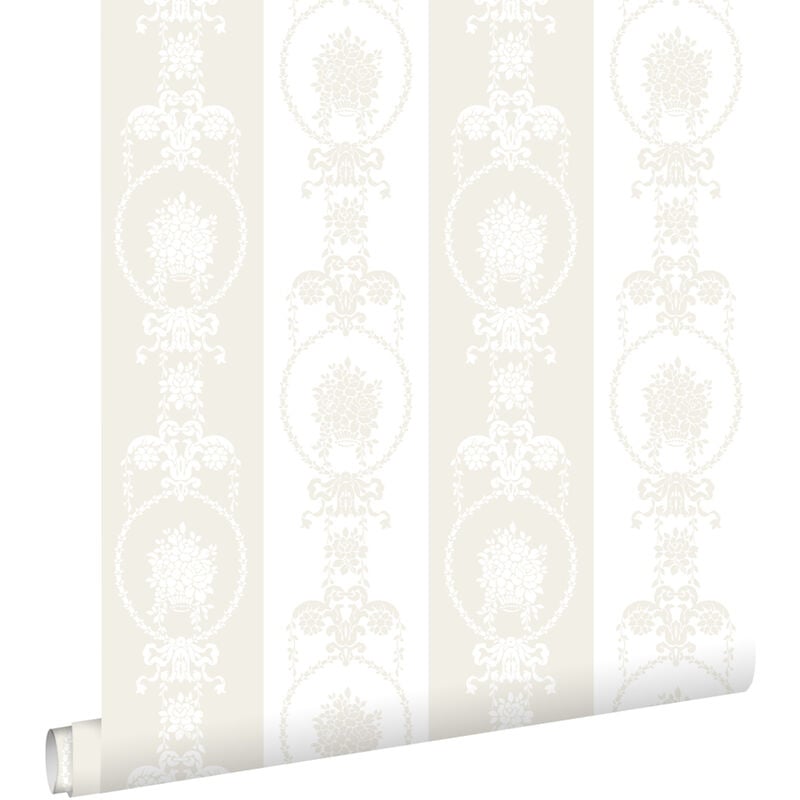 Papier peint baroque blanc et argent Estahome