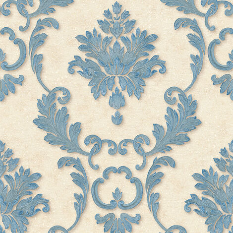 Papier peint baroque bleu & crème intissé | Tapisserie murale crème à motif fleuris | Papiers peints crème et bleu style traditionnel pour bureau - 10,05 x 0,53 m