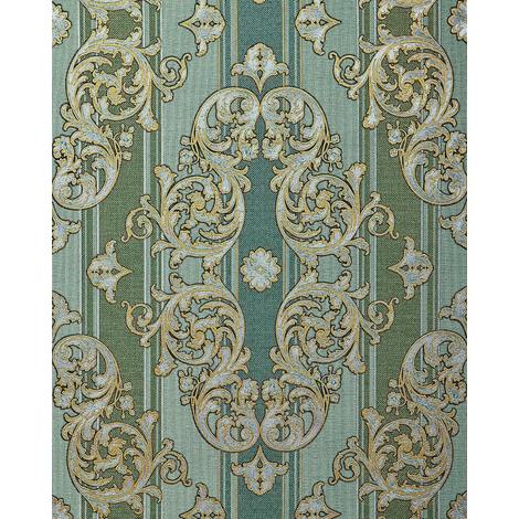 Papier peint baroque EDEM 580-35 texturé aspect textile métalliques vert vert-pin or nacré argent