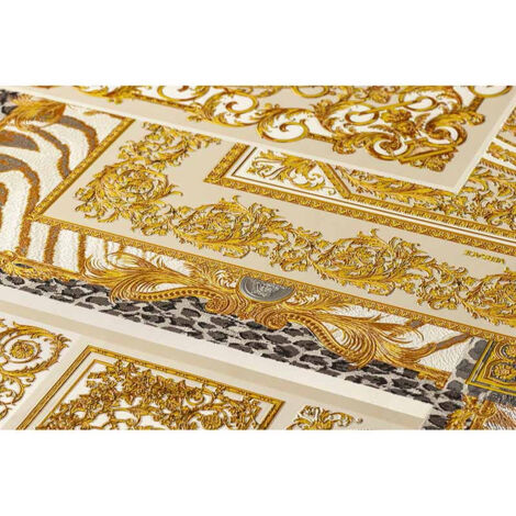 Papier peint baroque effet carreaux de ciment Tapisserie dorée & blanche pour salon original Papiers peints chics pour chambre