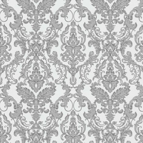 Papier peint baroque gris clair & blanc chambre | Tapisserie baroque grise & blanche salon | Papier peint élégant damassé intissé
