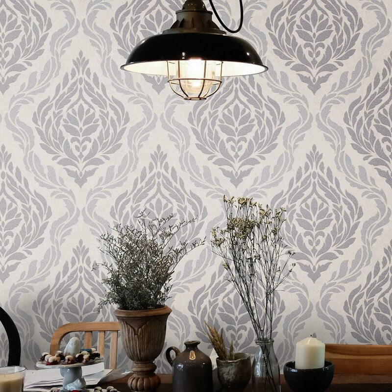 Papier peint baroque intissé beige & argent salon | Tapisserie baroque salle à manger grise | Papier peint intissé séjour damassé