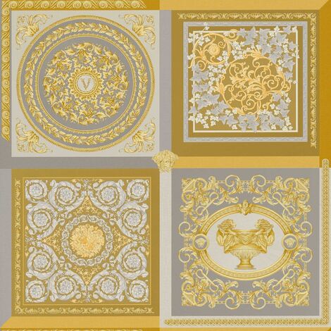 Papier peint baroque jaune or et gris Tapisserie effet carreaux en mosaïque Papier peint luxe ornements idéal pour couloir