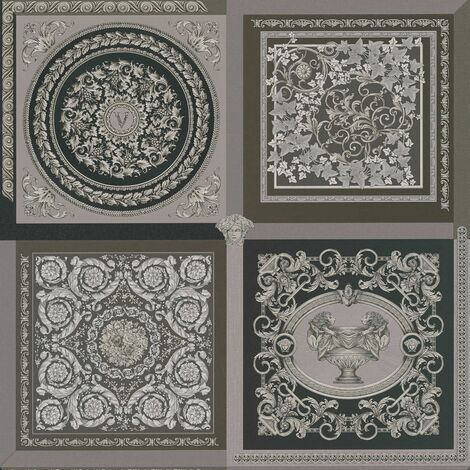 Papier peint baroque marron et argent Tapisserie effet carreaux en mosaïque Papier peint luxe ornements idéal pour salon