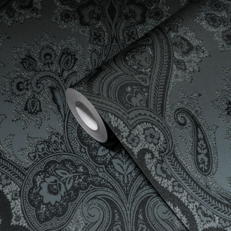 Papier peint baroque noir effet brillant soie Papier peint damassé moderne Papier peint à ornements idéal pour bureau