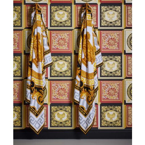 Papier peint baroque noir, jaune et rouge Tapisserie effet carreaux en mosaïque Papier peint luxe ornements idéal chambre