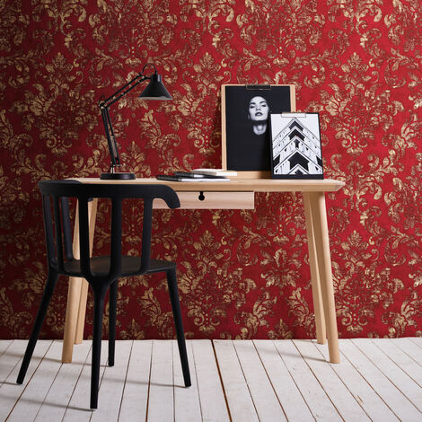 Papier peint baroque rouge & or pour salle à manger Tapisserie chic motif damassé dorée Papier peint intissé rouge style vintage