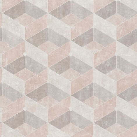 Papier peint beige et et rose géométrique Tapisserie motifs à cubes effet 3D Papier peint contemporain moderne idéal pour chambre