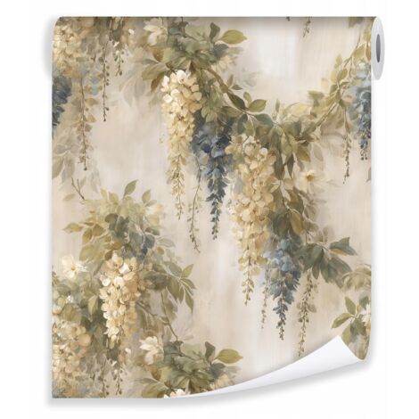 Papier peint beige feuilles fleurs vintage sur molleton mur salon chambre  coucher
