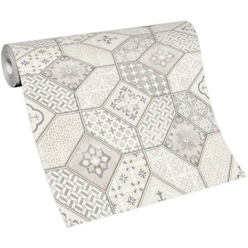 Papier peint beige & gris motif carreaux de ciment Tapisserie moderne imitation carrelage Papier peint à motif géométrique pour salon