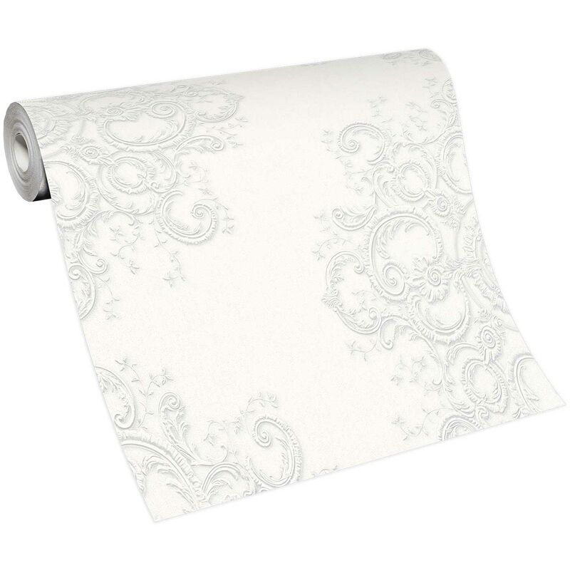 Papier peint blanc motif baroque chic | Tapisserie blanche baroque chambre & couloir | Papier peint intissé élégant salon