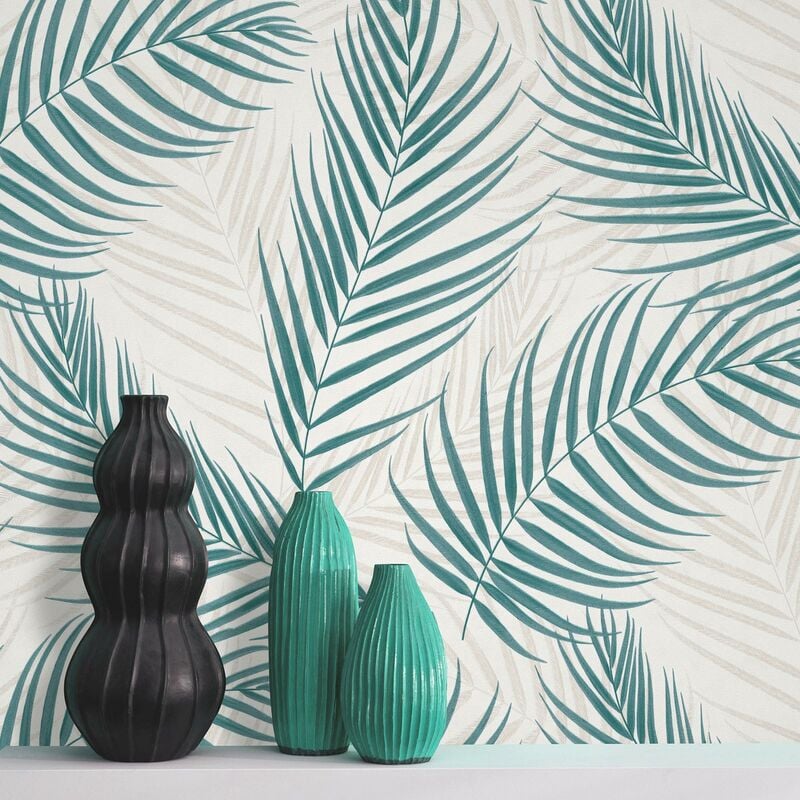 Papier peint bleu & beige motif feuilles de palmier | Tapisserie fleuri bleu moderne | Papier peint intissé motif végétal pour couloir