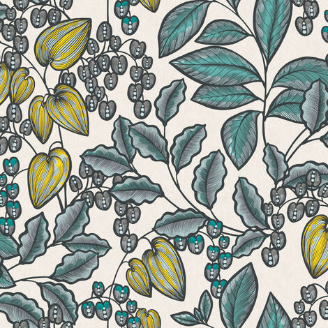 Papier peint bleu et jaune motif feuille pour cuisine Tapisserie chambre adulte avec feuille & fleurie Papiers peints intissés salon