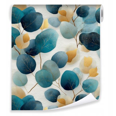 Papier peint bleu feuilles or glamour sur molleton mur living room bedroom
