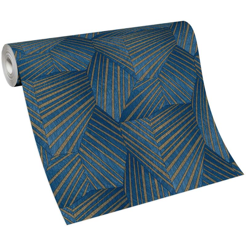 Papier peint bleu foncé & or moderne | Tapisserie design géométrique chambre adulte bleu | Papier peint tendance salon & couloir