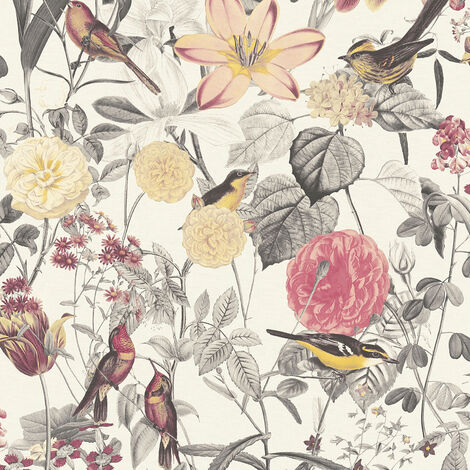 Papier peint botanique | Papier peint fleurs et oiseaux | Papier peint jaune, rose, noir & blanc | Papier peint floral moderne 372761 - 10,05 x 0,53 m