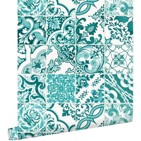papier peint carreaux de ciment turquoise  - ESTAhome