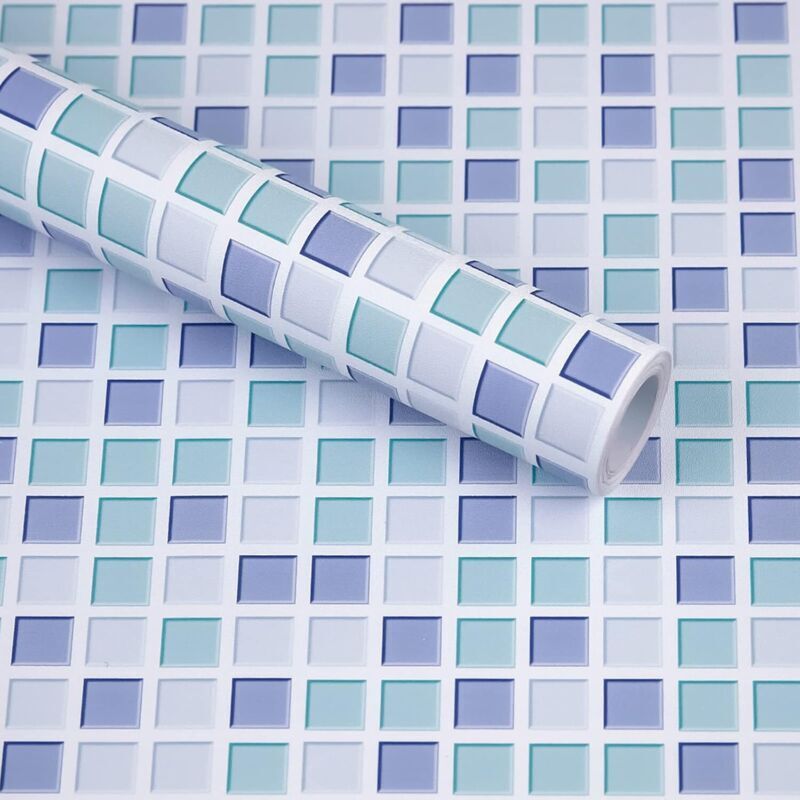 Papier Peint Carrelage Autocollant Bleu 61x300 cm Style Mosaïque Sticker Mural Film Décoratif Imperméable pour Carreaux de Mur de Salle de Bains et