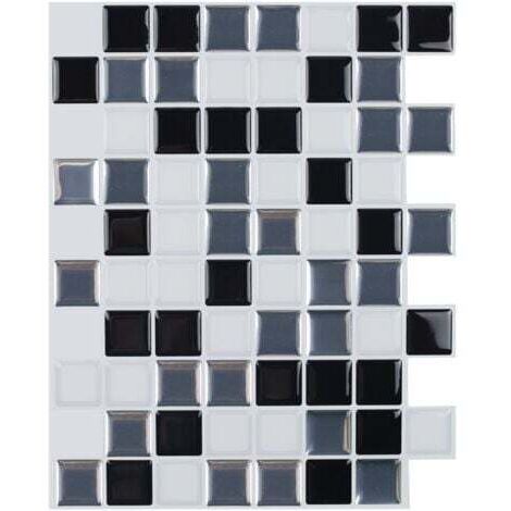 Papier Peint Carrelage Autocollant Couleur noir et blanc 25x20 cm Style Mosaïque Sticker Mural Film Décoratif Imperméable pour Carreaux de Mur de Salle de Bains et de Cuisine