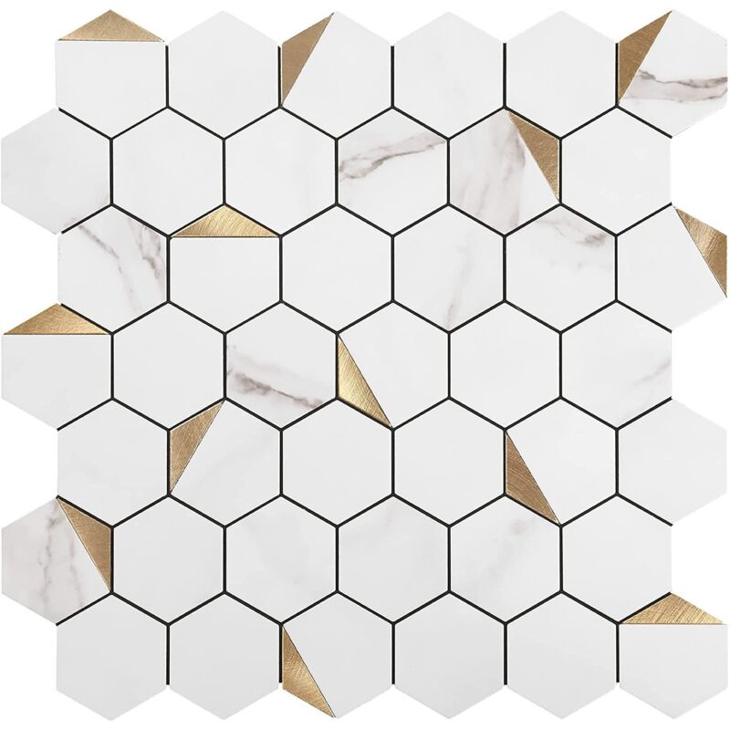 Linghhang - Papier Peint Carrelage Autocollant Motif hexagonal blanc 30 x30 cm Style Mosaïque Sticker Mural Film Décoratif Imperméable pour Carreaux