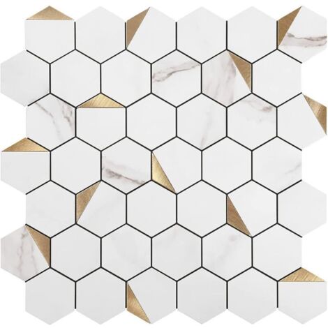 Papier Peint Carrelage Autocollant Motif hexagonal blanc 30 x30 cm Style Mosaïque Sticker Mural Film Décoratif Imperméable pour Carreaux de Mur de Salle de Bains et de Cuisine