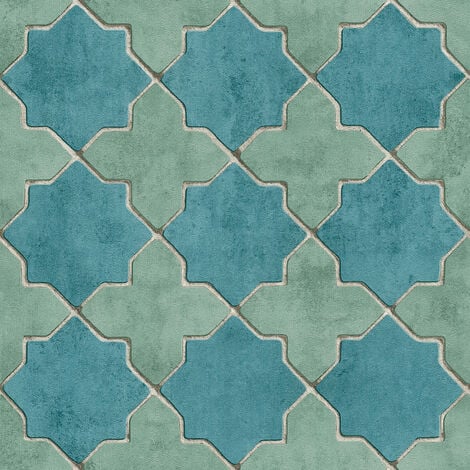 Papier peint carrelage vert et turquoise Tapisserie salle de bains et cuisine carreaux de ciment Papier peint salon style marocain
