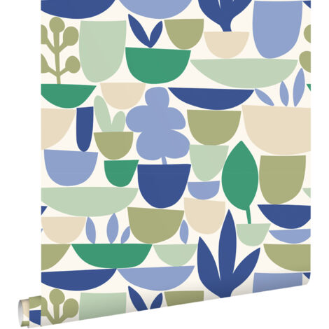 papier peint céramique et plantes bleu et vert  - ESTAhome