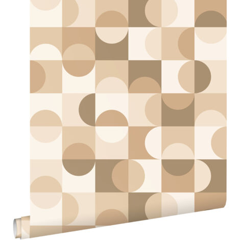 papier peint cercles de style Bauhaus beige, marron et blanc - ESTAhome