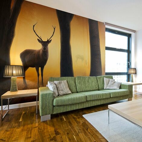 Papier peint cerf dans son habitat naturel - 350 x 270 cm - Orange, marron