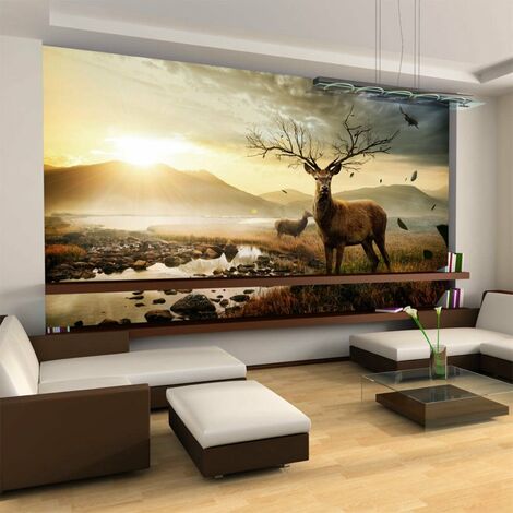 Papier peint cerf et ruisseau de montagne - 450 x 270 cm - Gris et Jaune