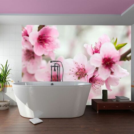 Papier peint cerisier en fleurs avec petites fleurs roses