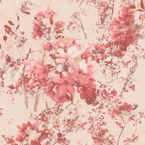 Papier peint chambre adulte intissé fleuri | Papier peint vintage rose et rouge | Tapisserie fleur de cerisier cuisine et salon - 10,05 x 0,53 m