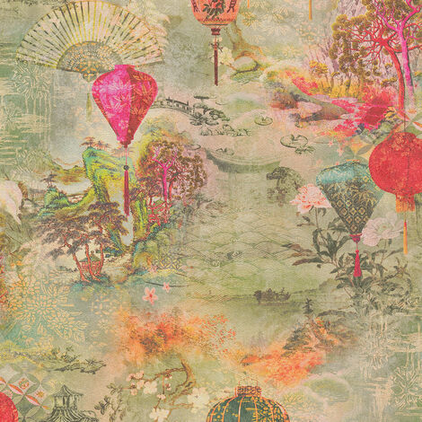 Papier peint chambre adulte & salon | Papier peint japonais multicolore | Tapisserie vinyle motif paysage asiatique pour couloir - 10,05 x 0,53 m