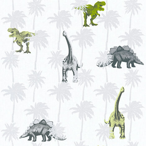 Papier peint chambre enfant motif dinosaure | Tapisserie grise chambre garçon avec dinosaures | Papier peint animaux lavable - 10,05 x 0,53 m