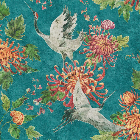 Papier peint chambre oiseau intissé | Papier peint japonais bleu canard & orange | Tapisserie animaux verte pour salon - 10,05 x 0,53 m