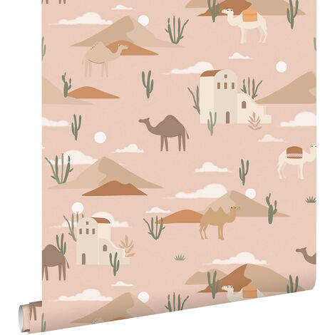 papier peint chameaux et cactus rose terracotta  - ESTAhome